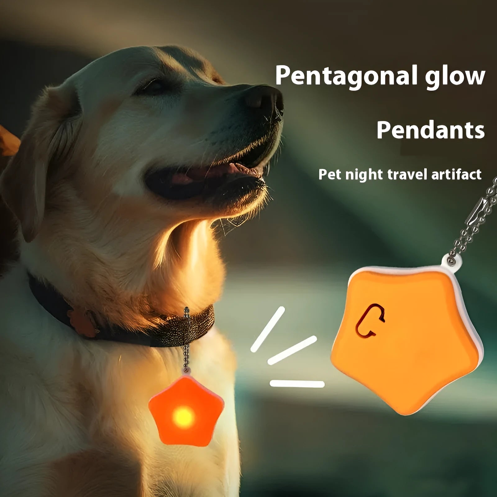 Blue rechargeable silicone pet LED light pendant attached to dog collar