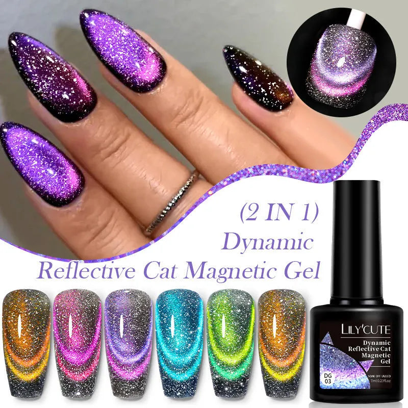 Cat Eye Series UV Gel Nail Polish bottles showing six fluorescent colours with glitter and diamond fragment effects