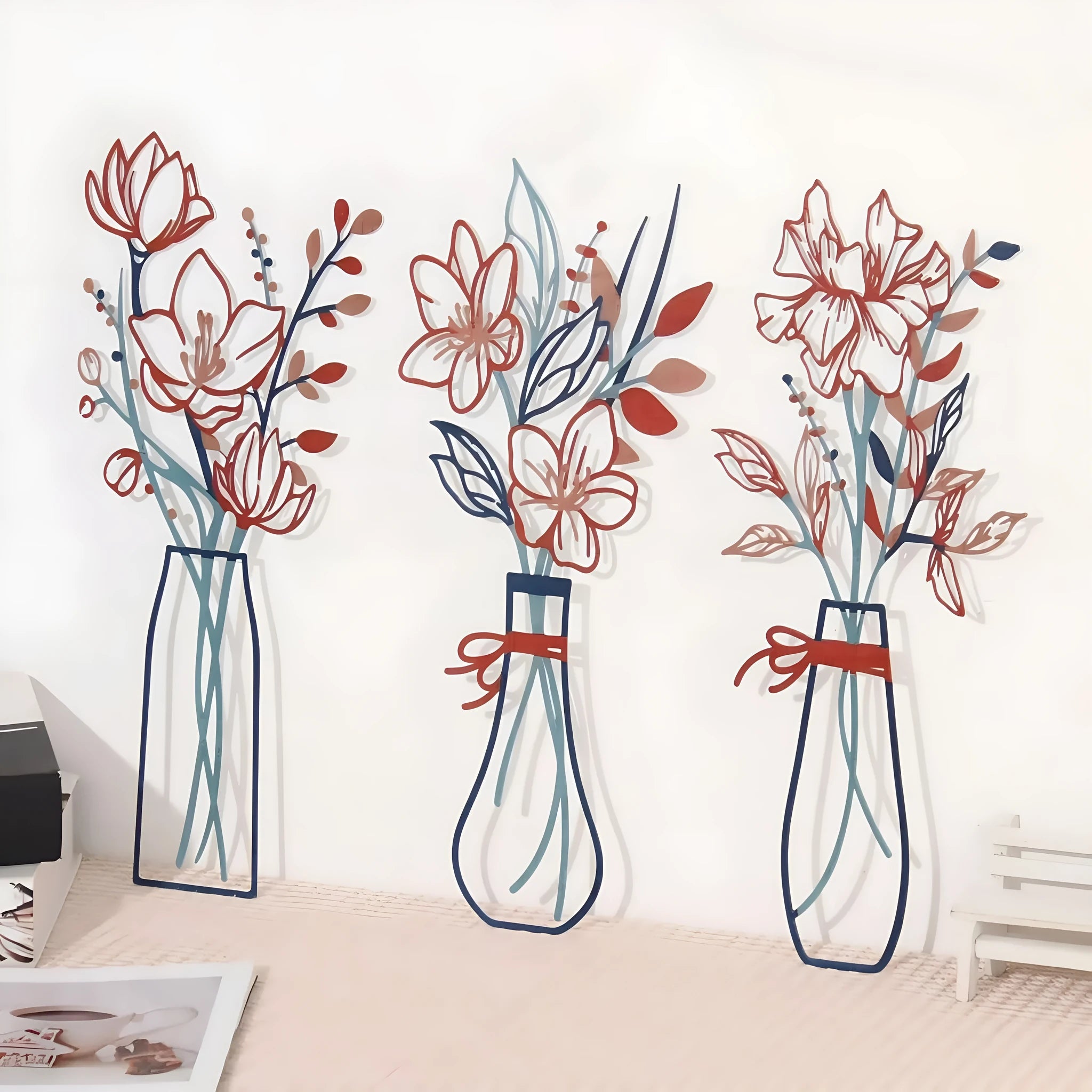 Set of three metal flowers wall art pieces in rustic country farmhouse style