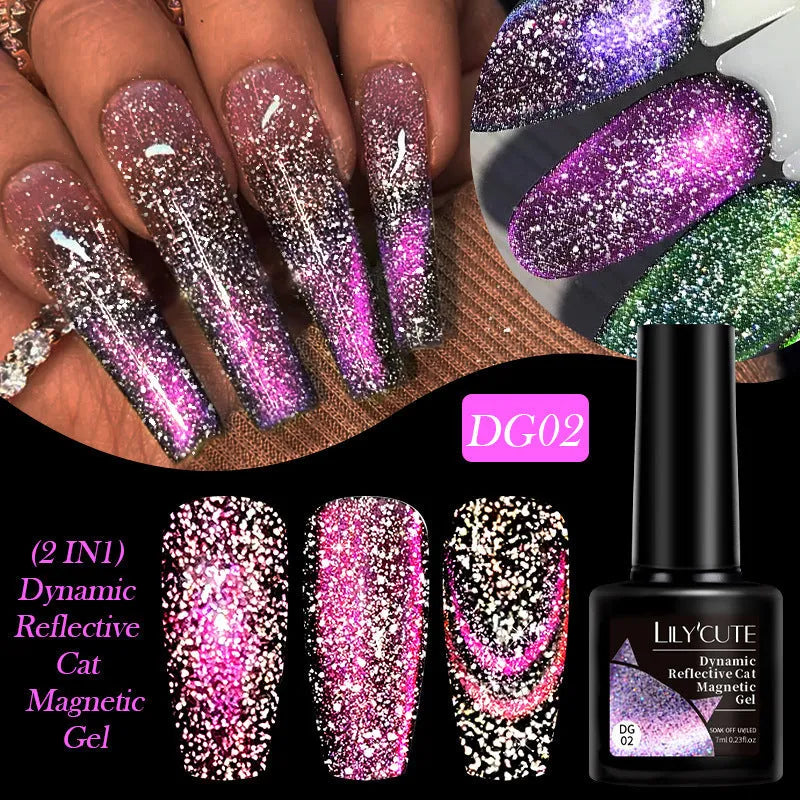 Cat Eye Series UV Gel Nail Polish bottles showing six fluorescent colours with glitter and diamond fragment effects