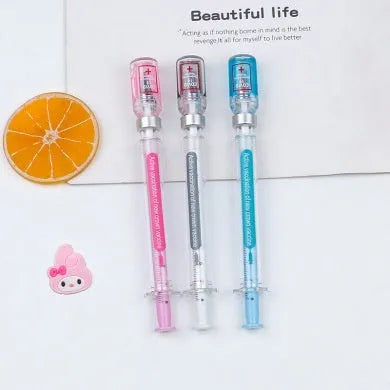 Vaccine design gel pen with syringe-styled plastic barrel and black 0.5mm refill