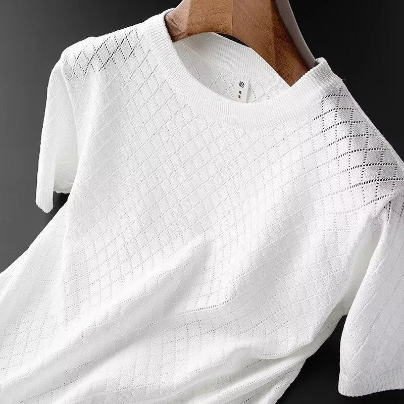 Men's ice silk V-neck t-shirt with cut-out detail in black colour, plus size Korean style summer casual top