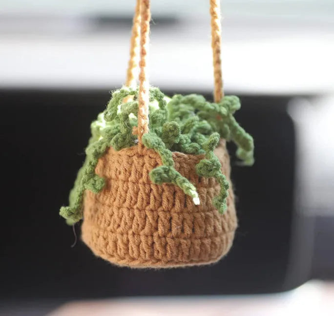 Green and white crochet car plant ornament with 25cm white hanging rope on 8cm basin base