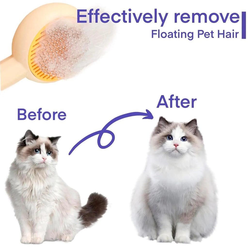 Blue self-cleaning pet grooming brush with angled metal needles and a yellow button.