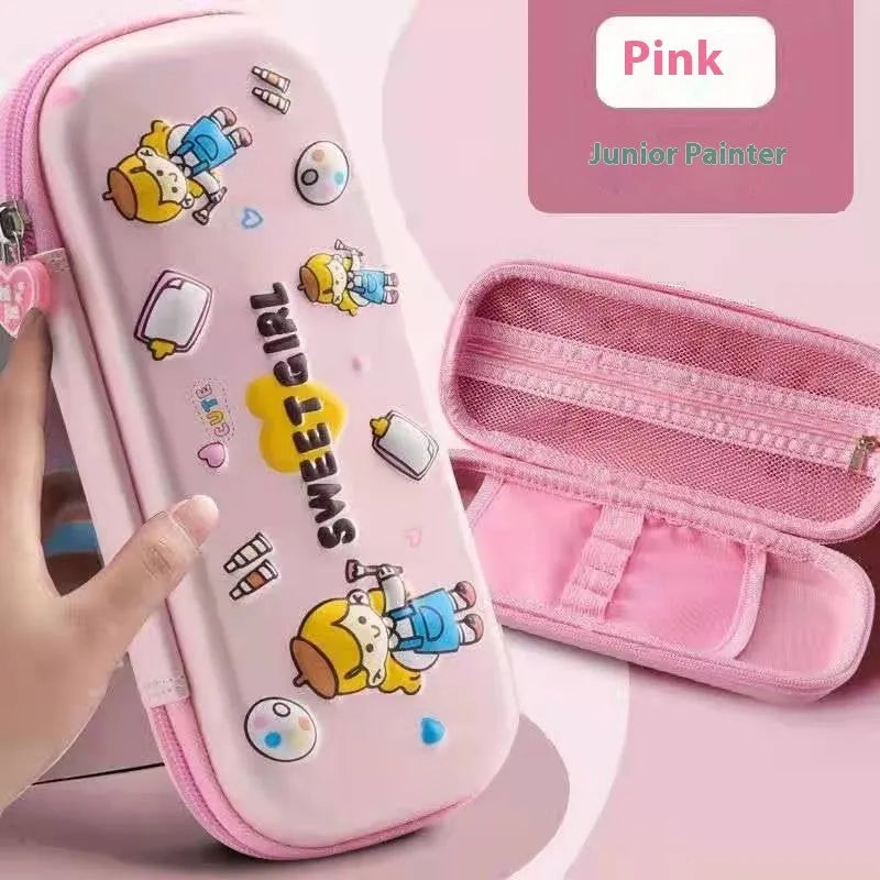 3D leather pencil case in a box shape showing one of the available design options such as a spaceship or unicorn