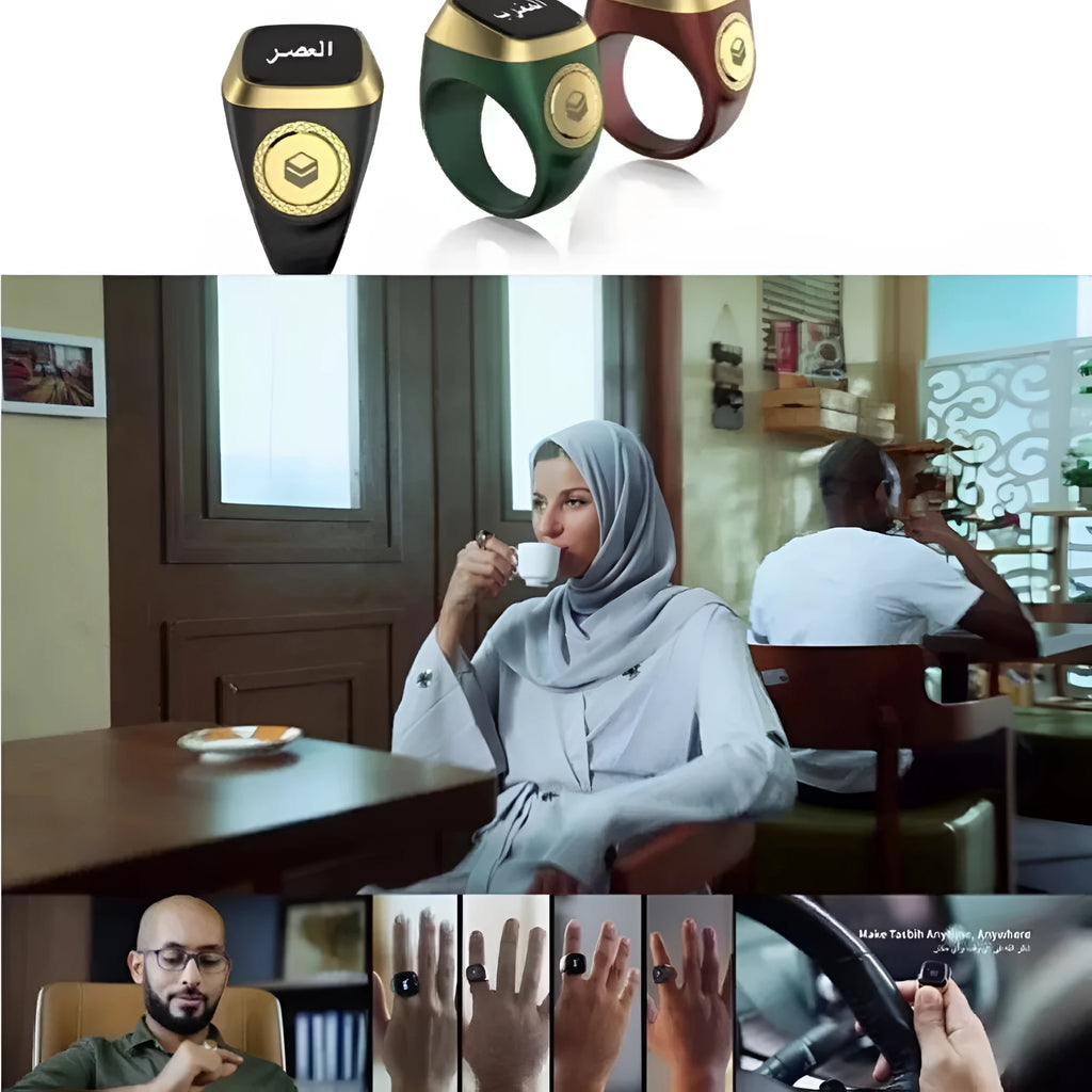 Zikr1 smart ring in black, green, rose gold, or silver on charging case with OLED display showing dhikr count.