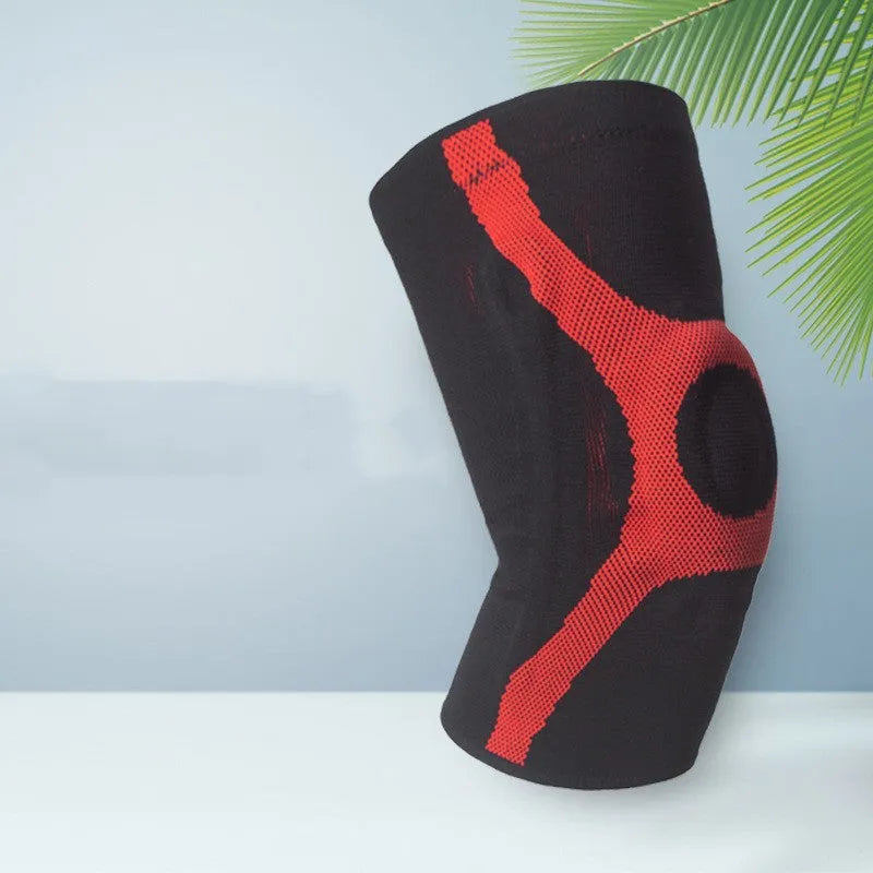 Red and grey silicone non-slip sports knee pads for running and climbing protection.