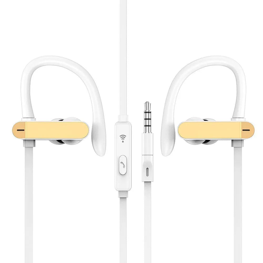 Black and blue sport ear hooks attached to PTM TS27 earphones with microphone.