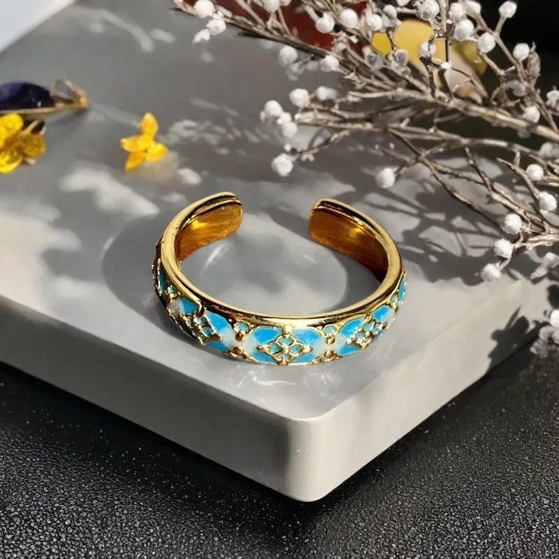 Vintage copper gourd ring with adjustable opening, flower and bow design, zircon inlay