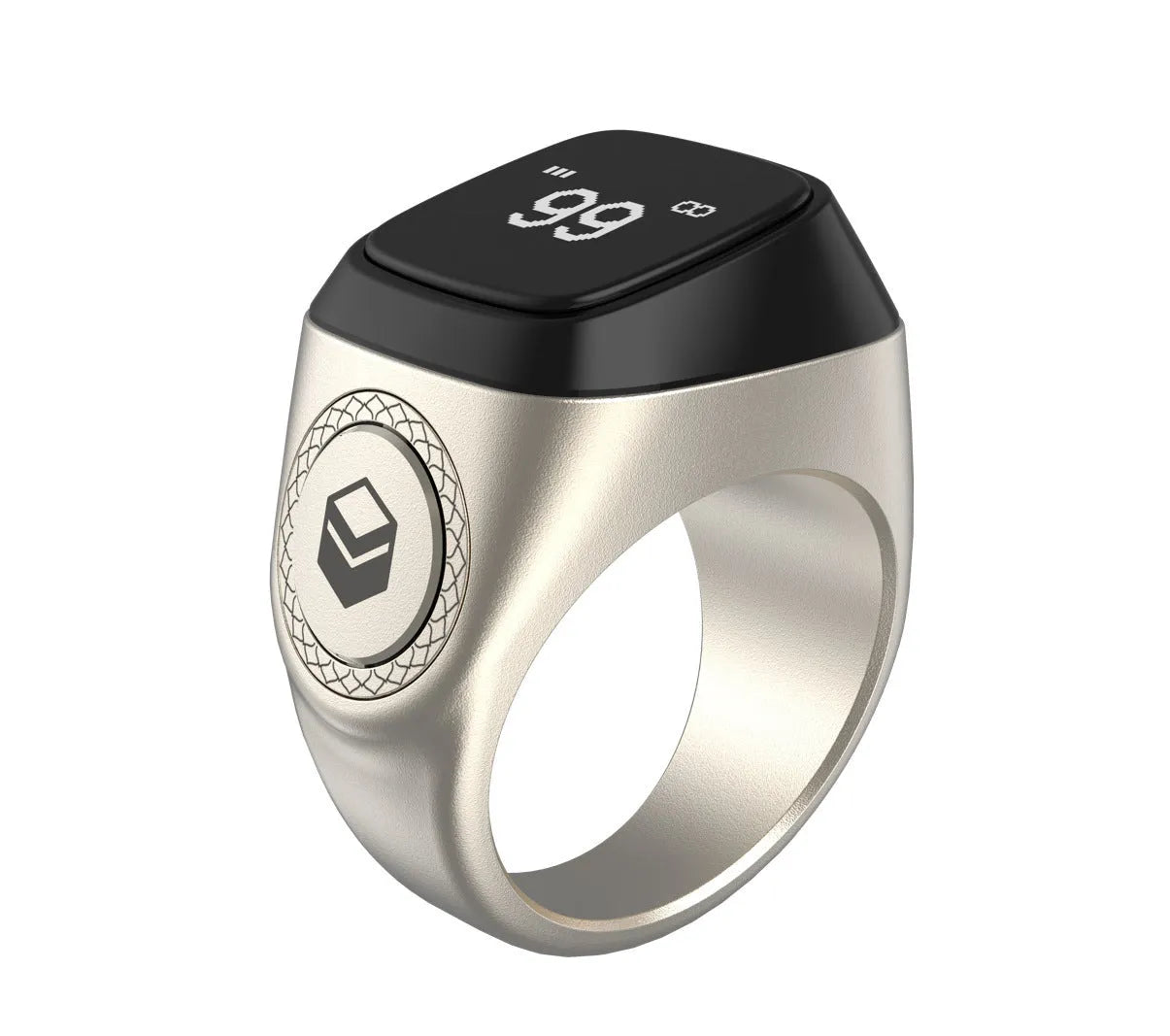 Zikr1 smart ring in black, green, rose gold, or silver on charging case with OLED display showing dhikr count.