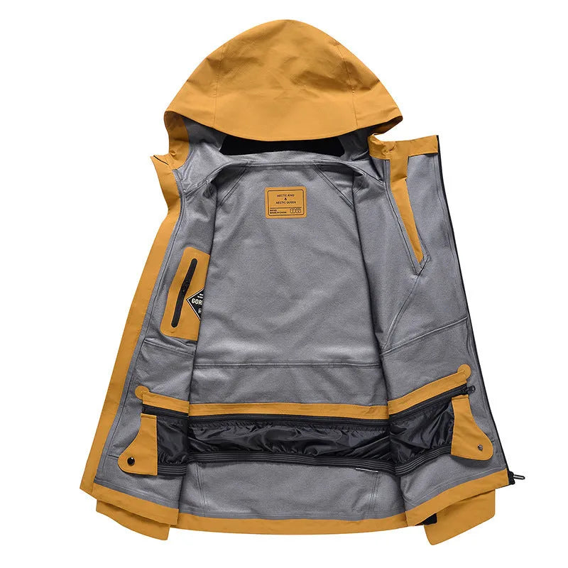 Unisex windproof waterproof ski suit for winter sports in yellow, black, grey, and liner colours