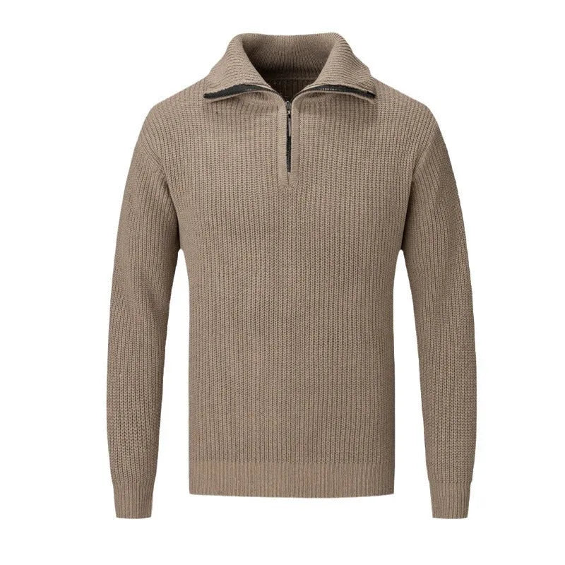 Men's solid colour slim fit pullover sweater on a hanger.