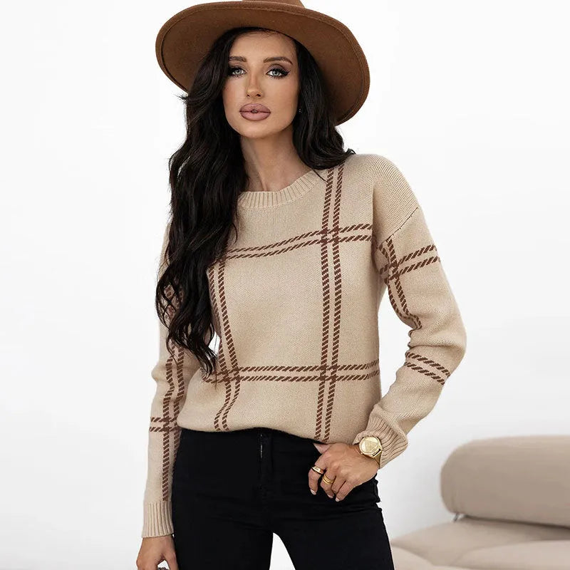 Women's casual plaid colour-block acrylic pullover sweater in loose fit with regular sleeves