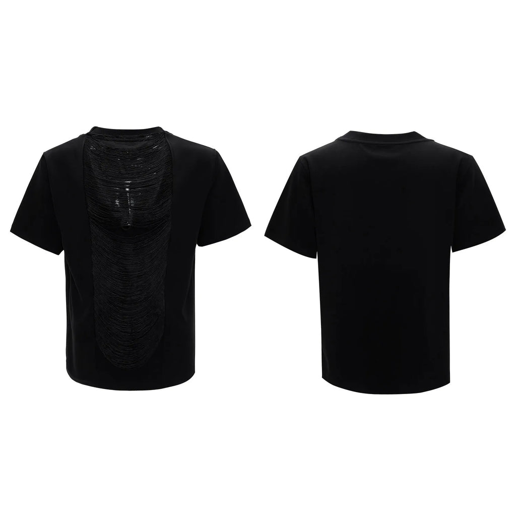 Men's black hollow-out V-neck T-shirt with loose fit and three-dimensional cutting