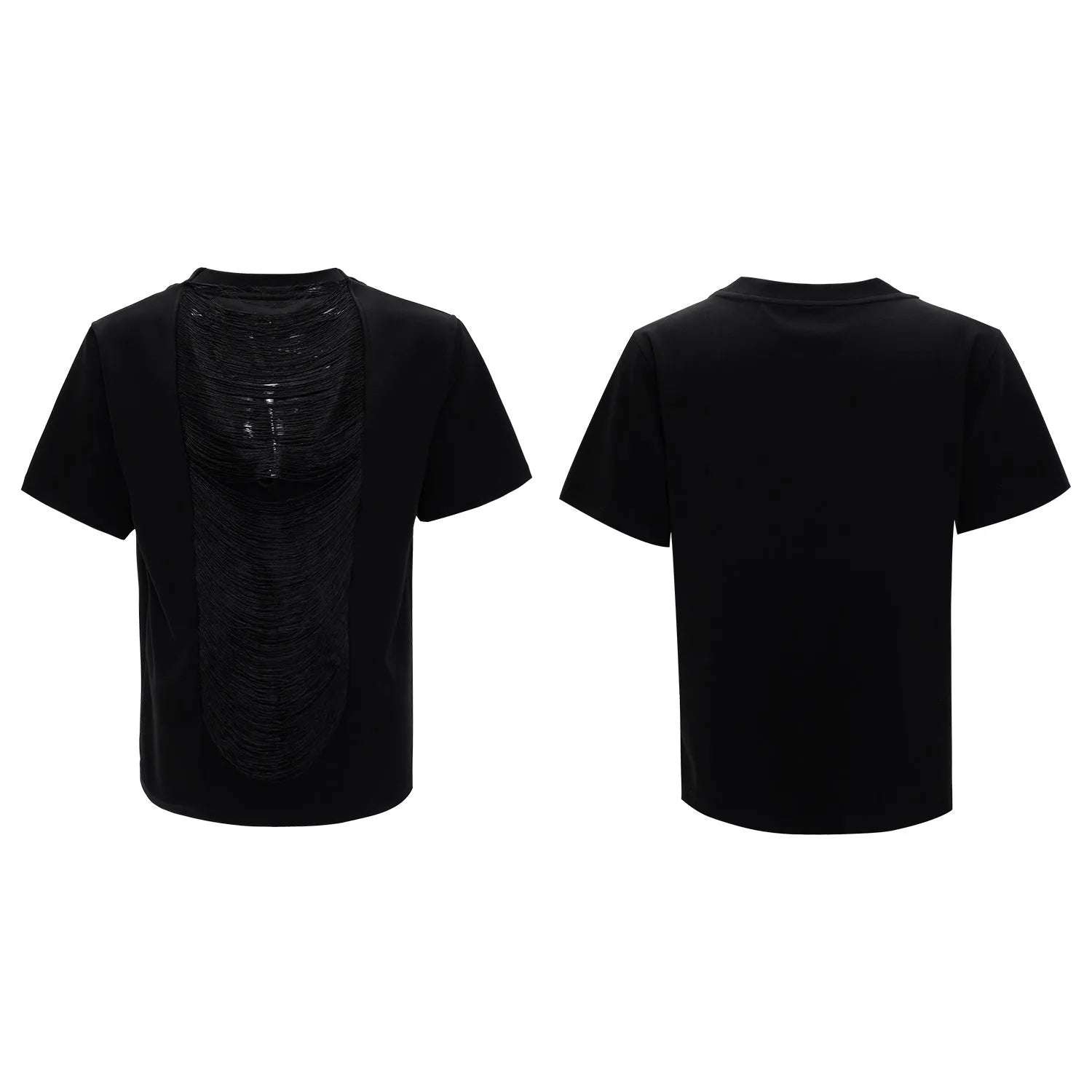 Men's black hollow-out V-neck T-shirt with loose fit and three-dimensional cutting
