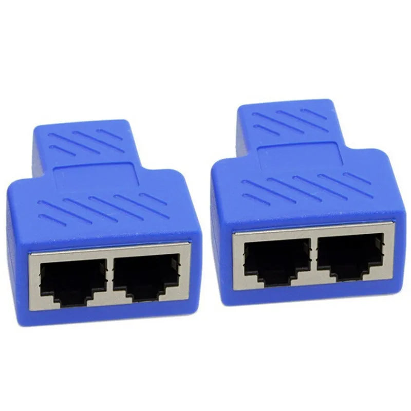 RJ45 network cable splitter adapter showing one input and three output ports in multiple colour options
