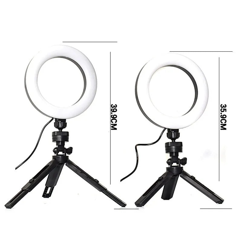Black desktop tripod with phone bracket and adjustable fill light for mobile video recording
