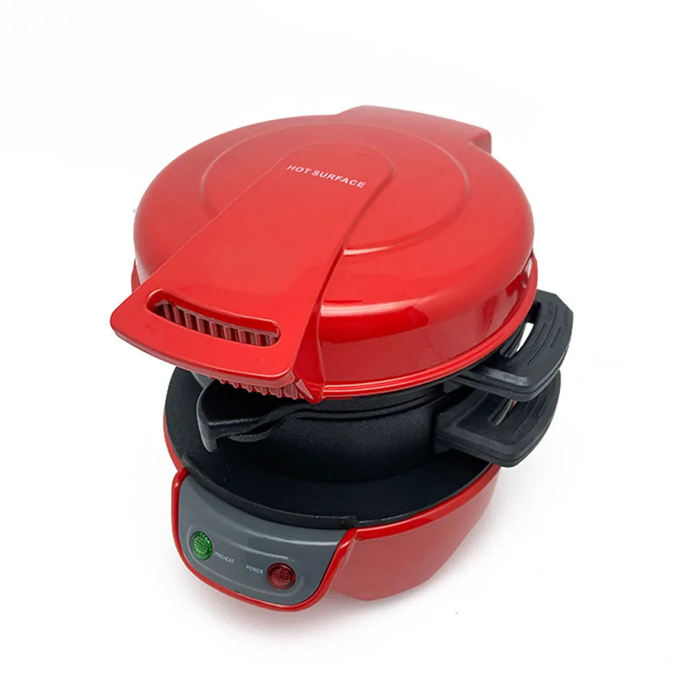 Silver grey household breakfast machine sandwich toaster with waffle plates and egg cooker ring on a kitchen counter.