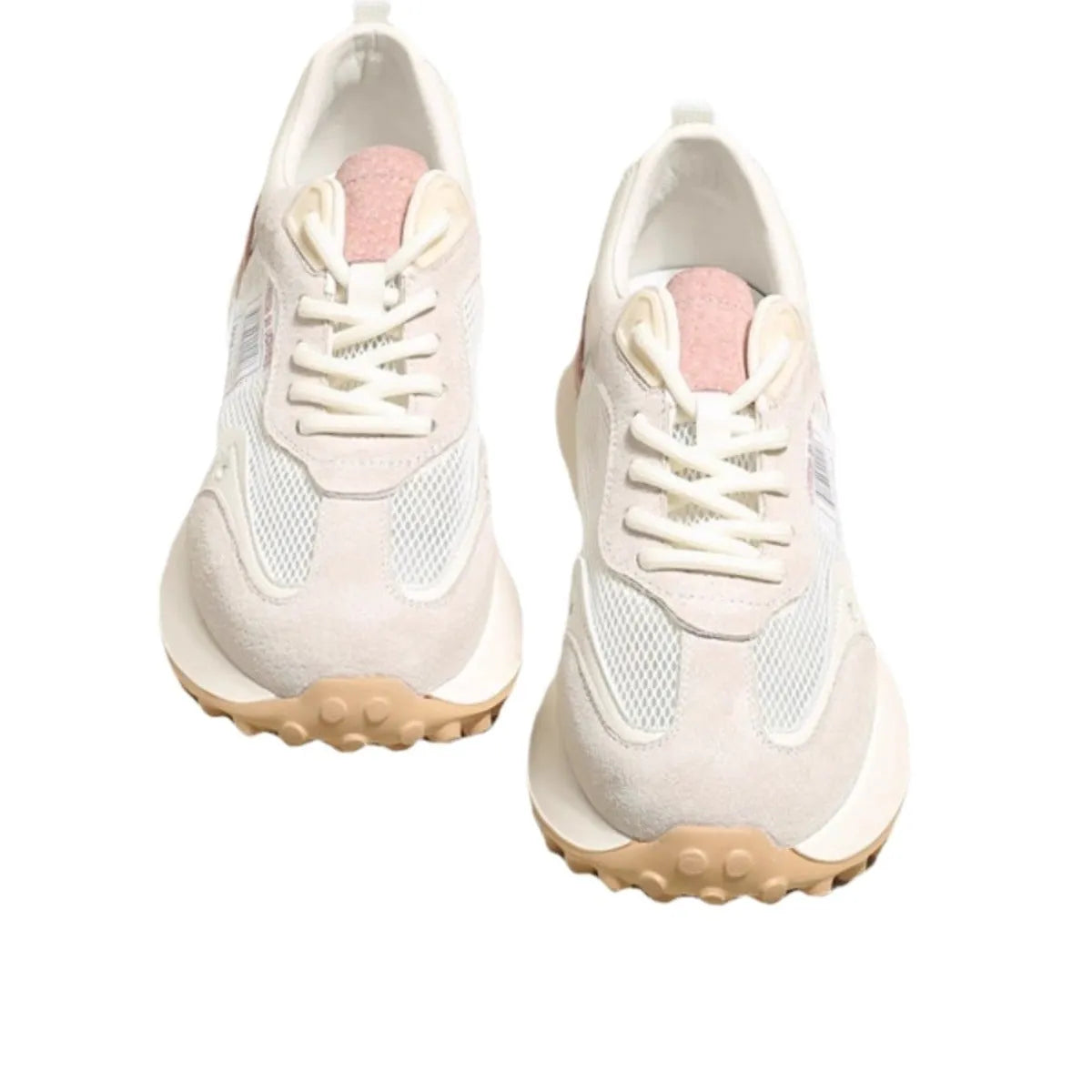 Women's grey retro sneaker with round toe and rubber sole showing mesh lining interior