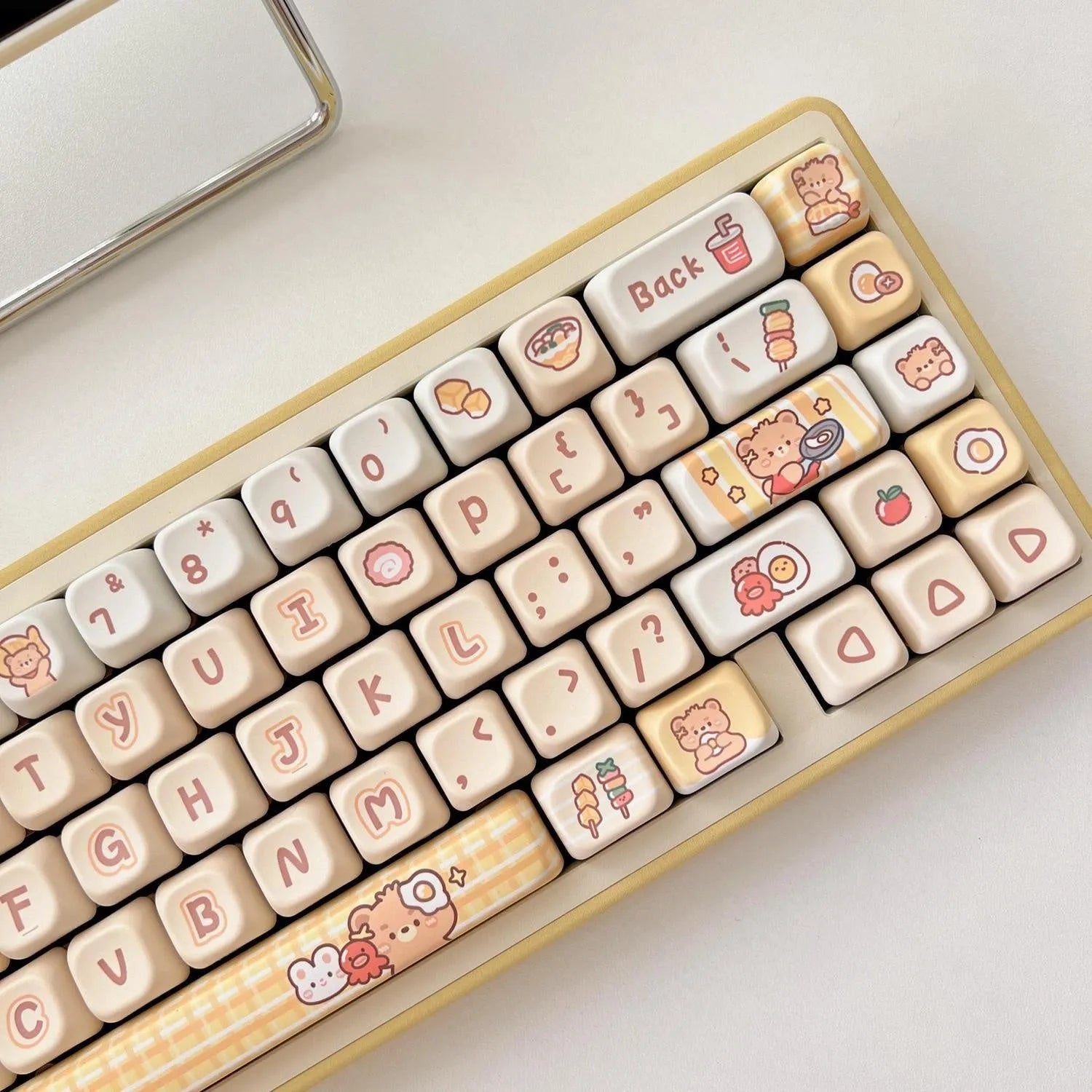 Set of 140 white PBT keycaps with colourful rabbit and bear restaurant theme, showing EOA height profile.
