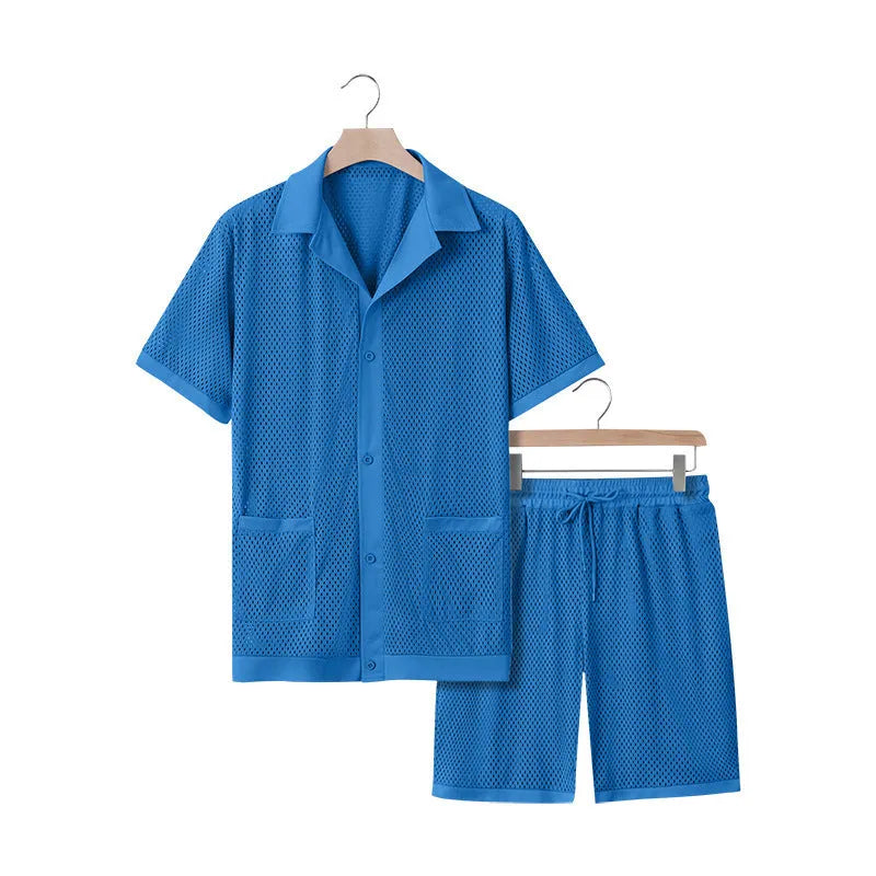 Women's thin polyester beach shorts suit with a see-through cardigan and matching shorts in lake blue.