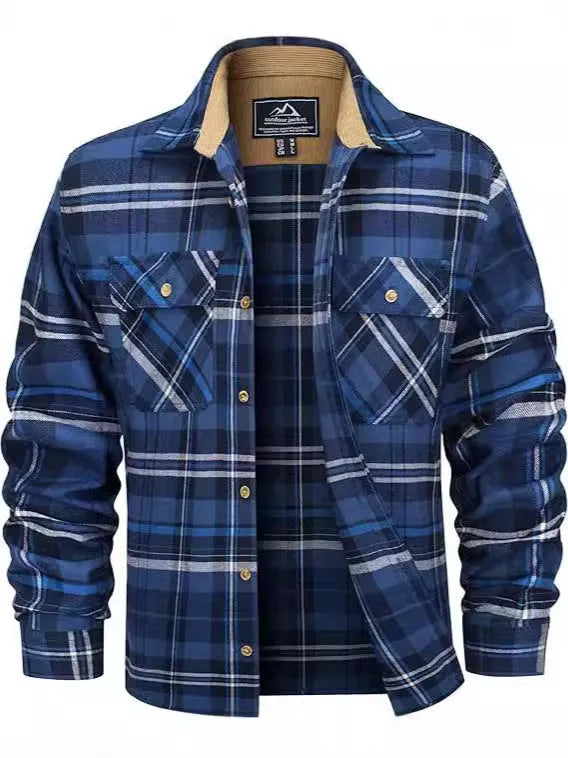 Men's plaid flannel casual button shirt in cardigan style for autumn and winter wear