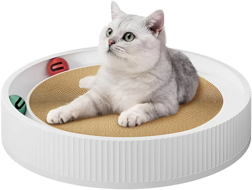 Large circular cat scratching board with bell toys and replaceable cardboard core