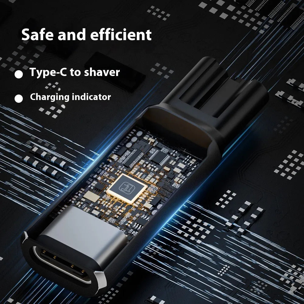Black and gray aluminium alloy USB C charging adapter for 4.3V electric shavers and hair clippers.