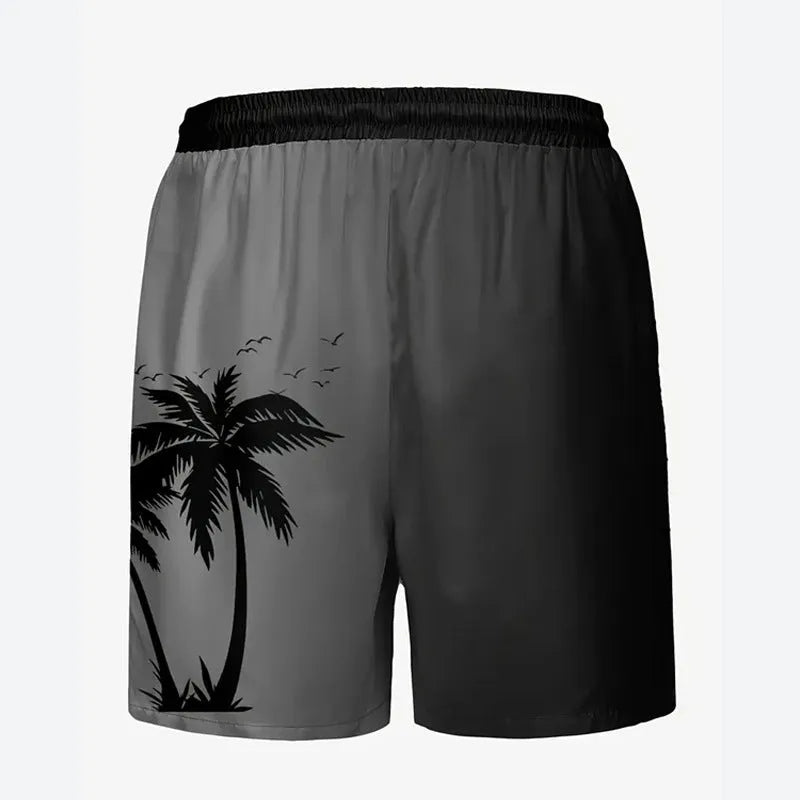 Man wearing loose-fit beige polyester beach shorts on a summer day.