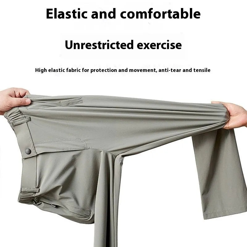 Men's ice silk straight leg trousers with elastic waist in black, dark blue and light grey colour options