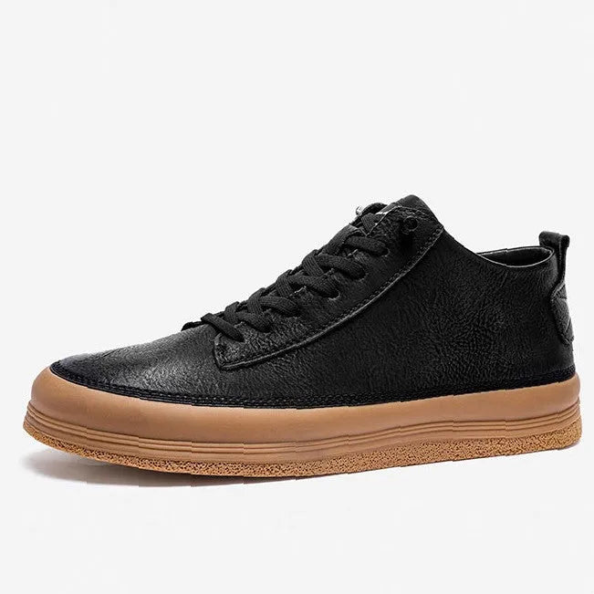 Men's black leather casual shoes with round toe and soft rubber soles shown from side view