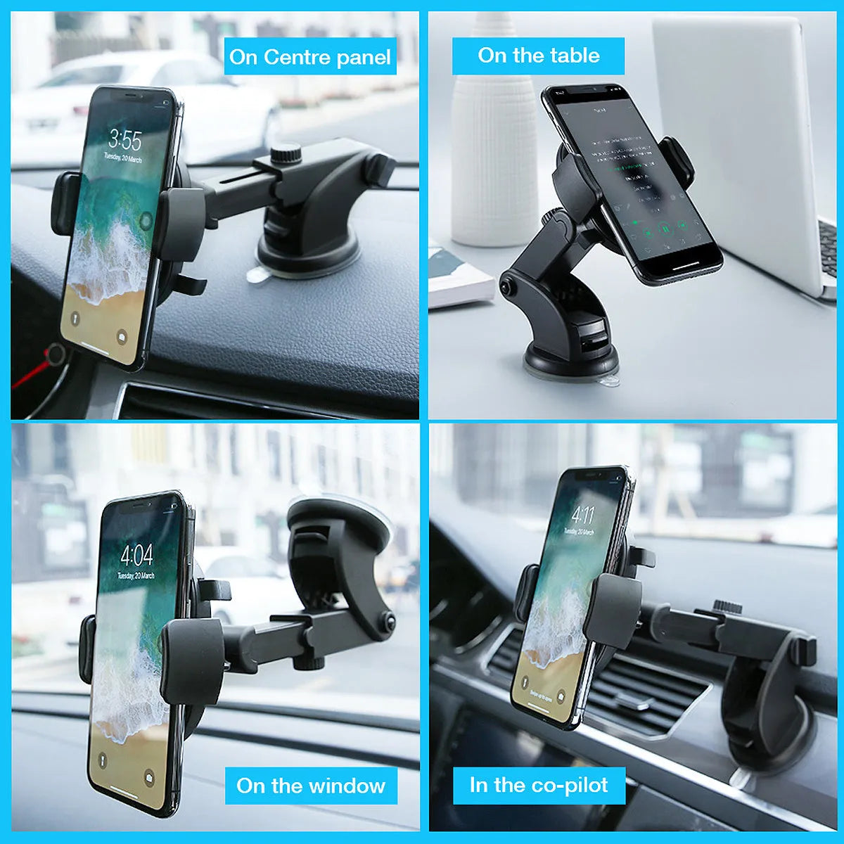 Yellow and black telescopic car phone holder with extendable arm and suction cup mount on dashboard
