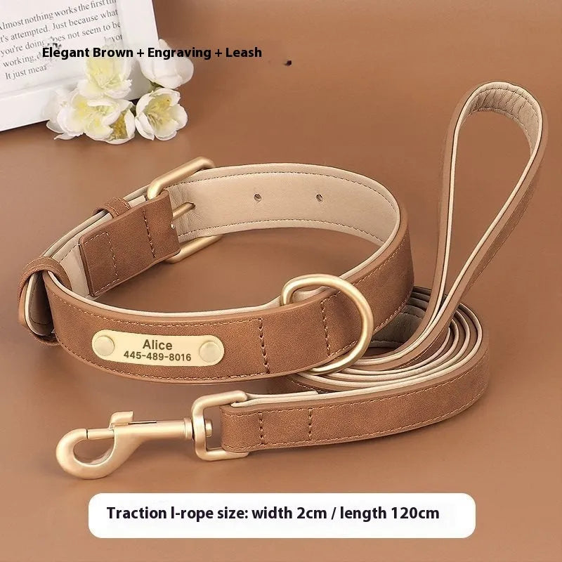 Leather dog collar with mohair lining in rose red, brown or blue with matching traction rope
