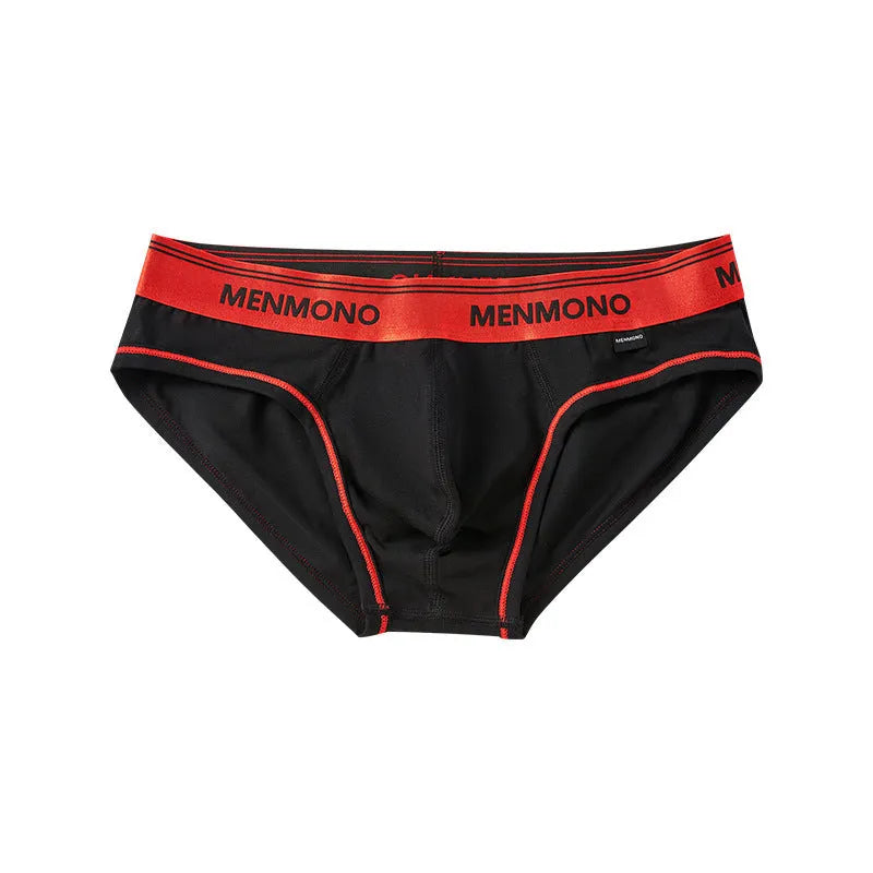 Men's low waist cotton briefs showing solid colour block design in various two-tone combinations.