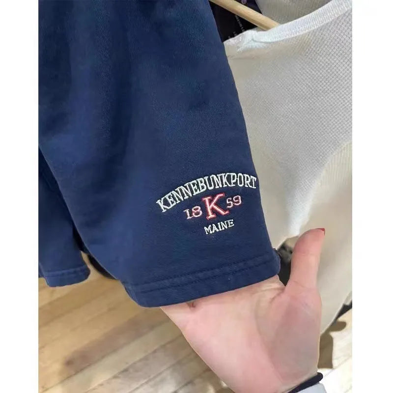 Women's dark blue cotton sports shorts with embroidered white flag design and free size fitting