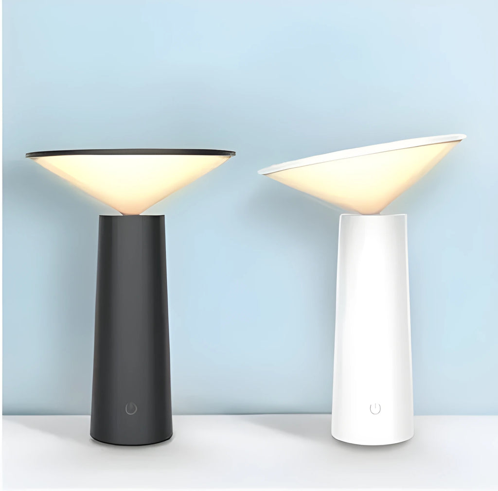 Black and white USB rechargeable LED desk lamp with adjustable head and touch controls.