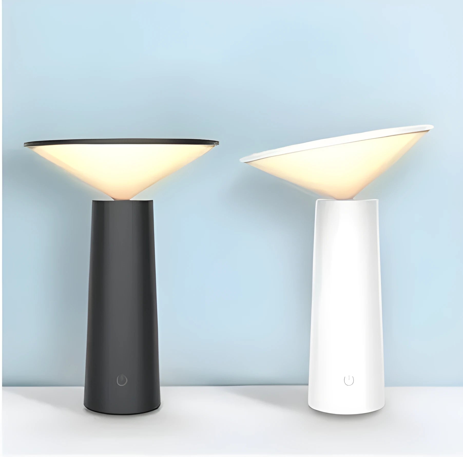 Black and white USB rechargeable LED desk lamp with adjustable head and touch controls.