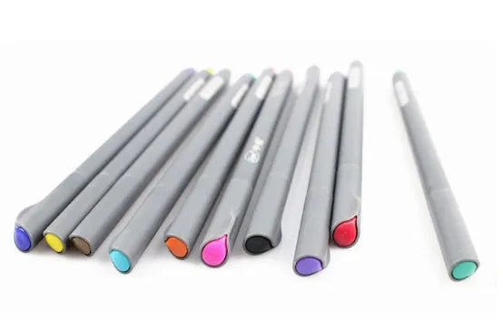 Set of ten 0.38mm fine tip technical drafting pens with syringe stroke mechanism, each 15.8cm long.