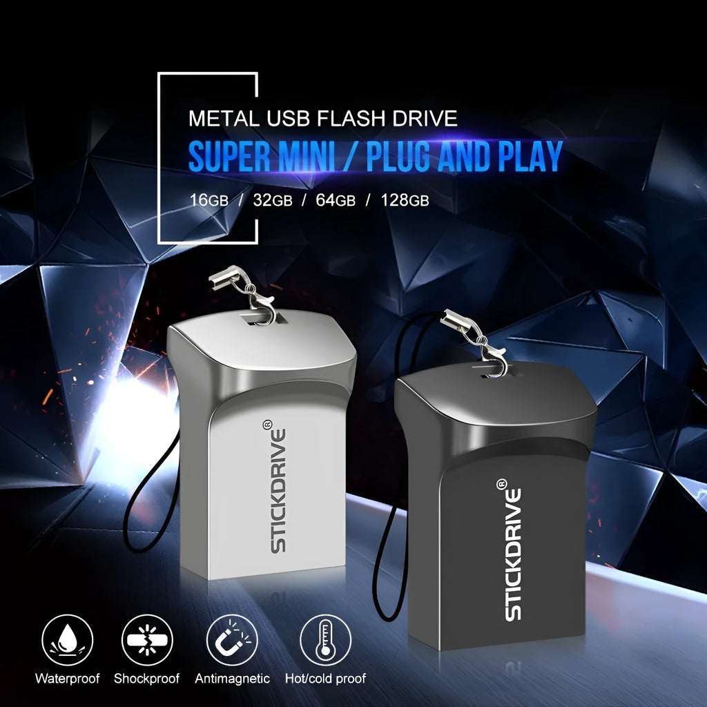Metal USB flash drive with attached necklace chain in silver finish