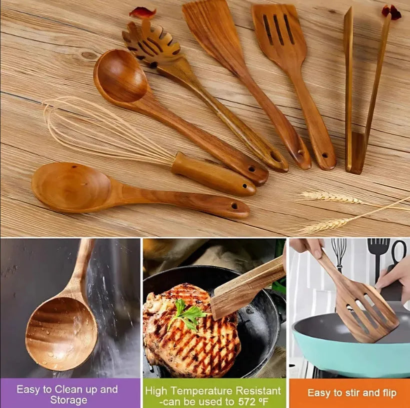 Seven wooden cooking utensils with spoon shovel designs for non-stick pans