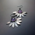 Purple Bohemian style floral earrings with resin gemstone details and zodiac animal modelling in alloy metal