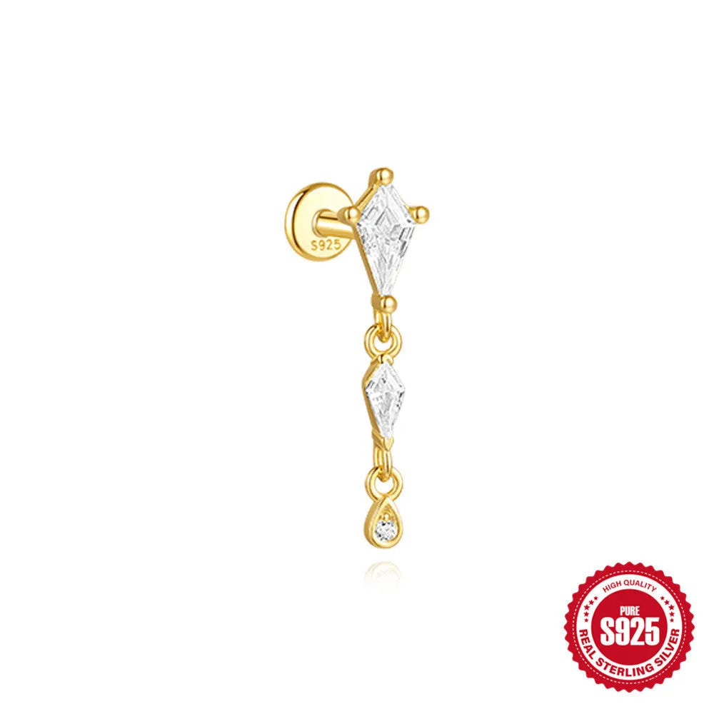 S925 sterling silver geometric kite earring with rhinestone chain tassel in gold colour.