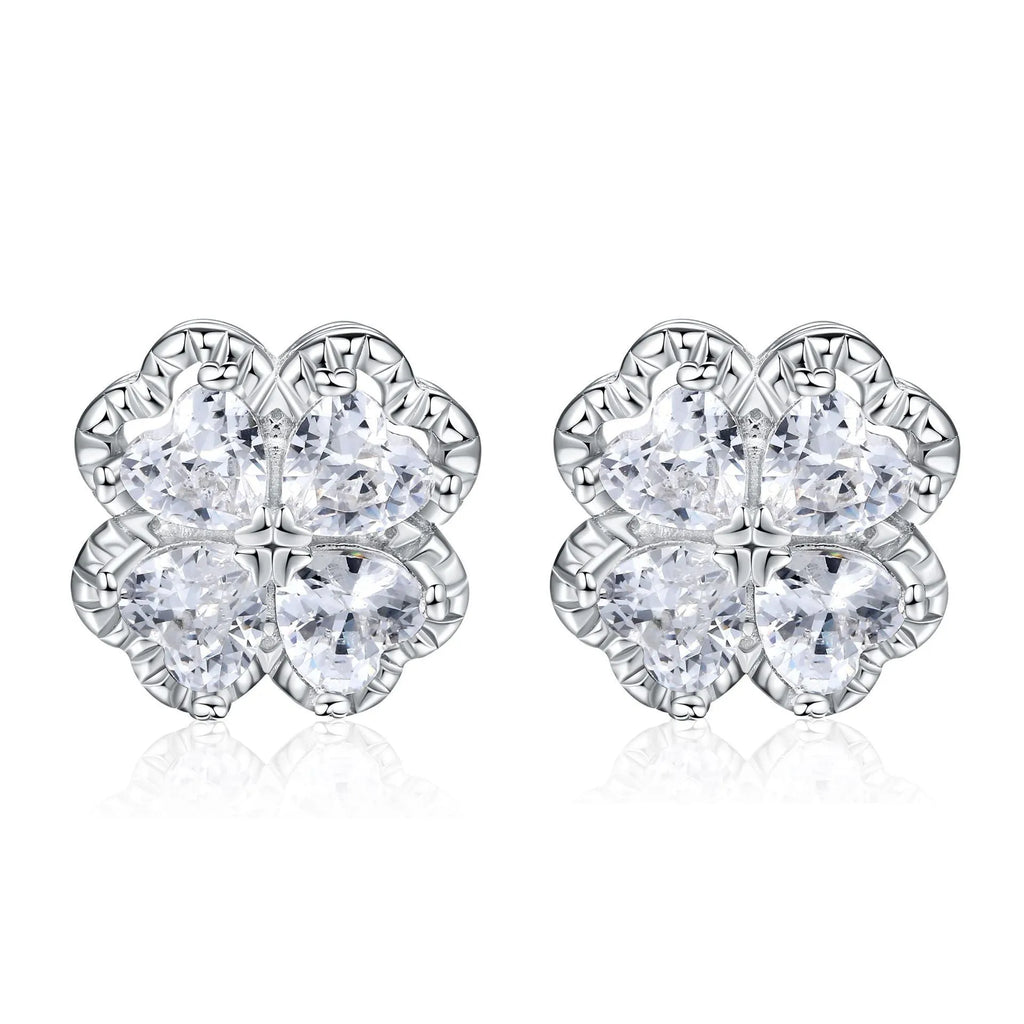 Zeng Yin four-leaf clover earrings with heart-shaped zircon stones in sterling silver