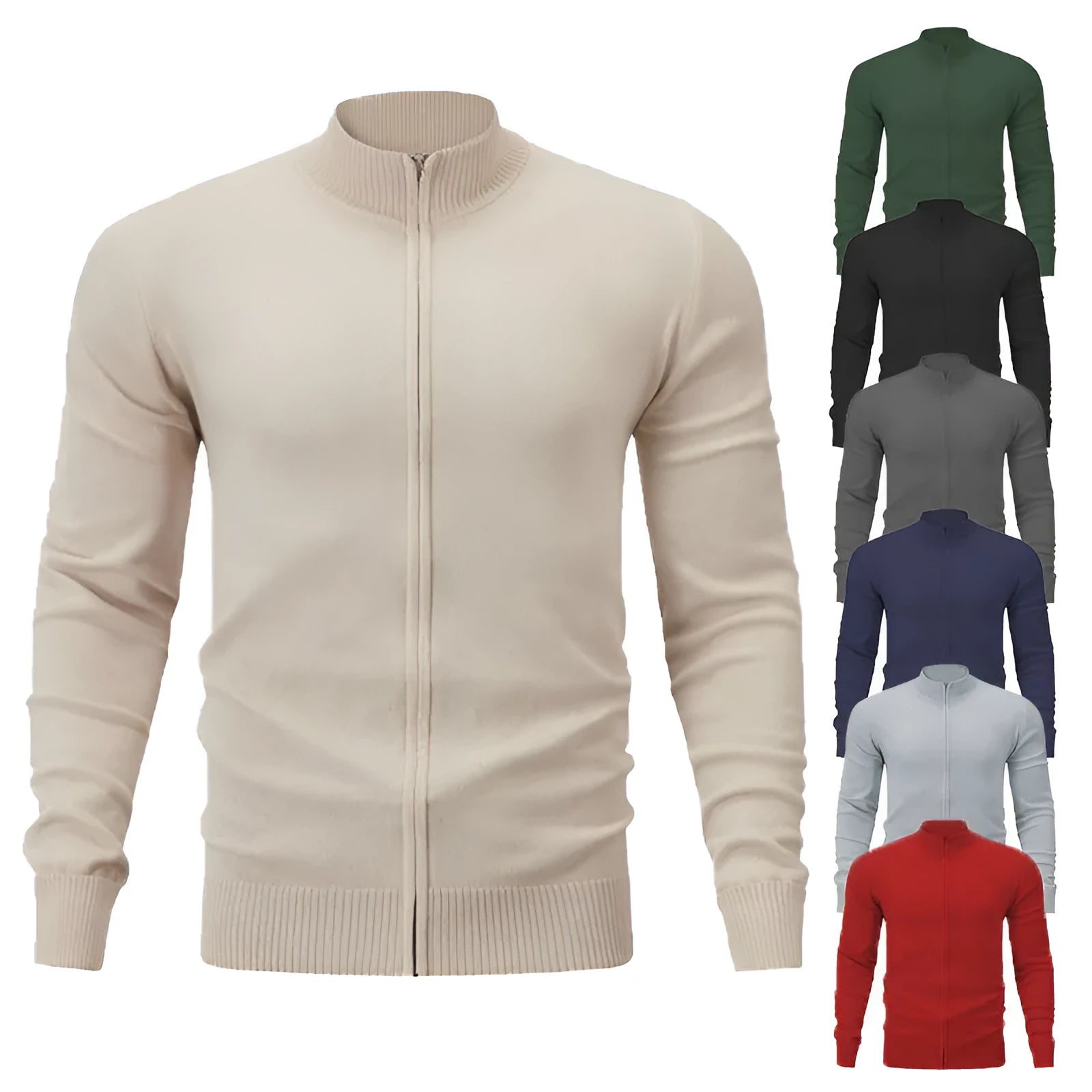 Cotton stand collar zipper sweater in a solid colour on a hanger.