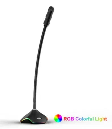 Black wired condenser microphone with 3.5mm jack on a desktop stand, featuring a large circular pop filter.