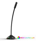 Black wired condenser microphone with 3.5mm jack on a desktop stand, featuring a large circular pop filter.