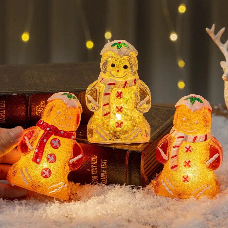 Glowing plastic gingerbread man and snowman Christmas ornament with modern design in red scarf variation