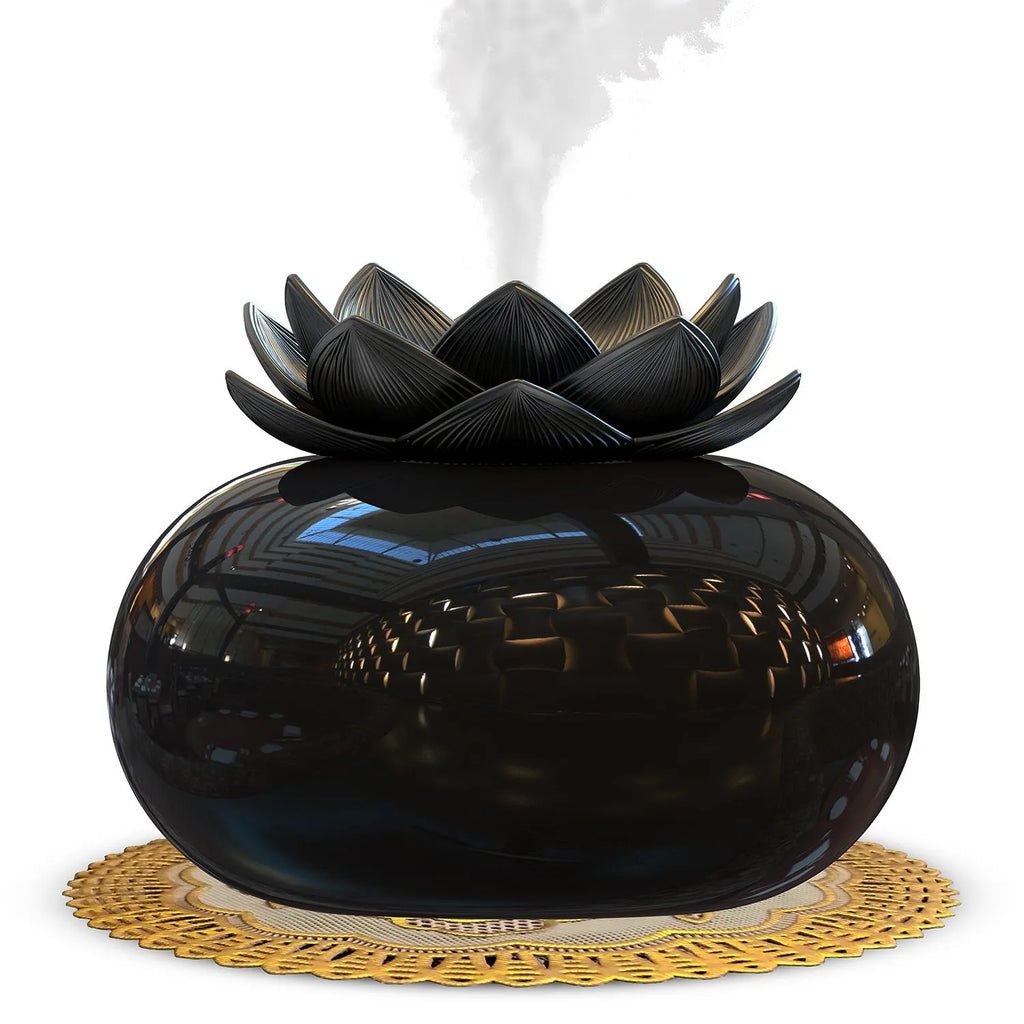 Pure black USB-powered aromatherapy humidifier with round design and ultrasonic mist output