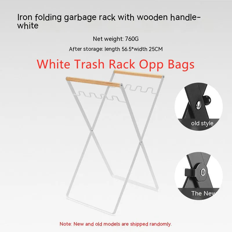 Black iron folding storage rack with a wooden handle for hanging outdoor waste bags.