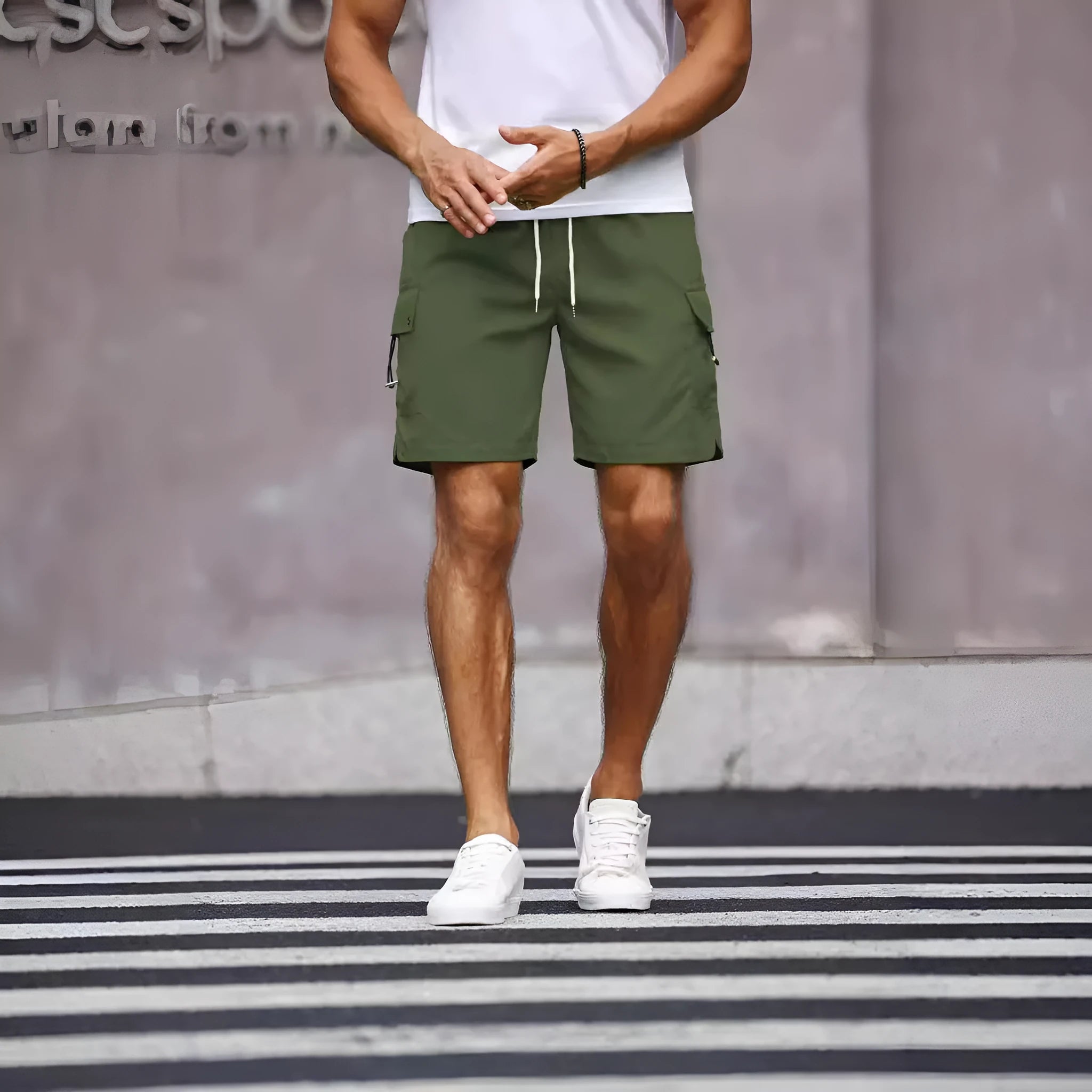 Men's loose fit work shorts in fluorescent green with straight cut design and micro-elastic fabric